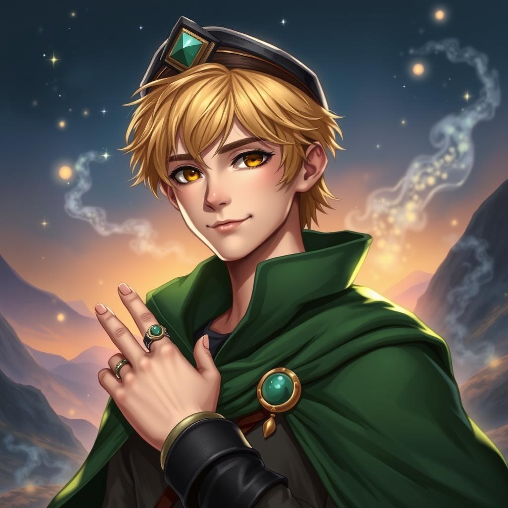 A 25-year-old male human mage with short blonde hair and warm brown eyes, wearing a distinctive green cape that flows elegantly behind him