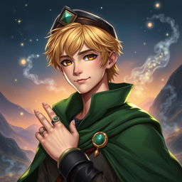 A 25-year-old male human mage with short blonde hair and warm brown eyes, wearing a distinctive green cape that flows elegantly behind him