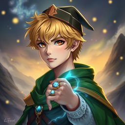 A 25-year-old male human mage with short blonde hair and warm brown eyes, wearing a distinctive green cape that flows elegantly behind him