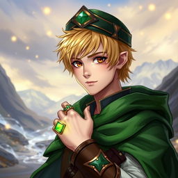 A 25-year-old male human mage with short blonde hair and warm brown eyes, wearing a distinctive green cape that flows elegantly behind him