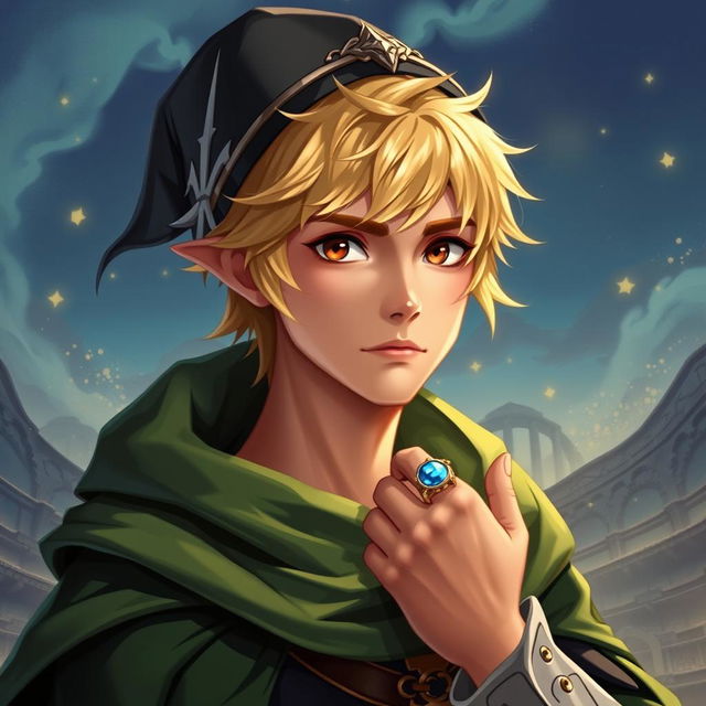 A 25-year-old male human mage with short blonde hair and warm brown eyes, wearing a distinctive green cape that flows elegantly behind him