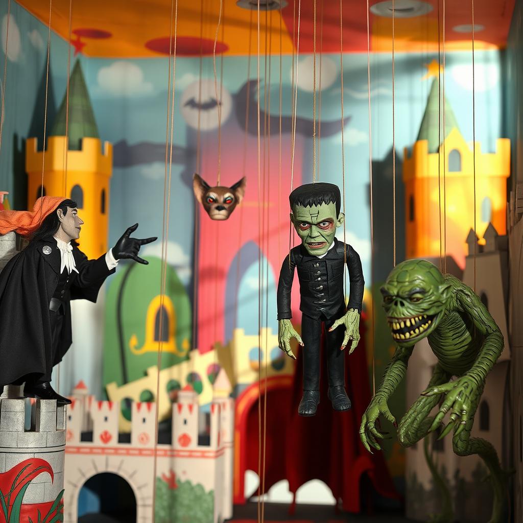 A vibrant scene featuring marionette puppets of iconic horror characters: Dracula with his cape flowing, the Wolfman with a fierce expression and wolf-like features, Frankenstein's monster with bolts and scars, and the Creature from the Black Lagoon with swampy textures, all suspended and gracefully maneuvered by strings