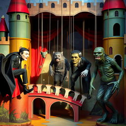 A vibrant scene featuring marionette puppets of iconic horror characters: Dracula with his cape flowing, the Wolfman with a fierce expression and wolf-like features, Frankenstein's monster with bolts and scars, and the Creature from the Black Lagoon with swampy textures, all suspended and gracefully maneuvered by strings