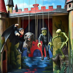 A vibrant scene featuring marionette puppets of iconic horror characters: Dracula with his cape flowing, the Wolfman with a fierce expression and wolf-like features, Frankenstein's monster with bolts and scars, and the Creature from the Black Lagoon with swampy textures, all suspended and gracefully maneuvered by strings