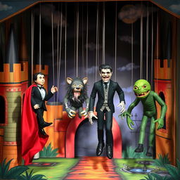 A vibrant scene featuring marionette puppets of iconic horror characters: Dracula with his cape flowing, the Wolfman with a fierce expression and wolf-like features, Frankenstein's monster with bolts and scars, and the Creature from the Black Lagoon with swampy textures, all suspended and gracefully maneuvered by strings