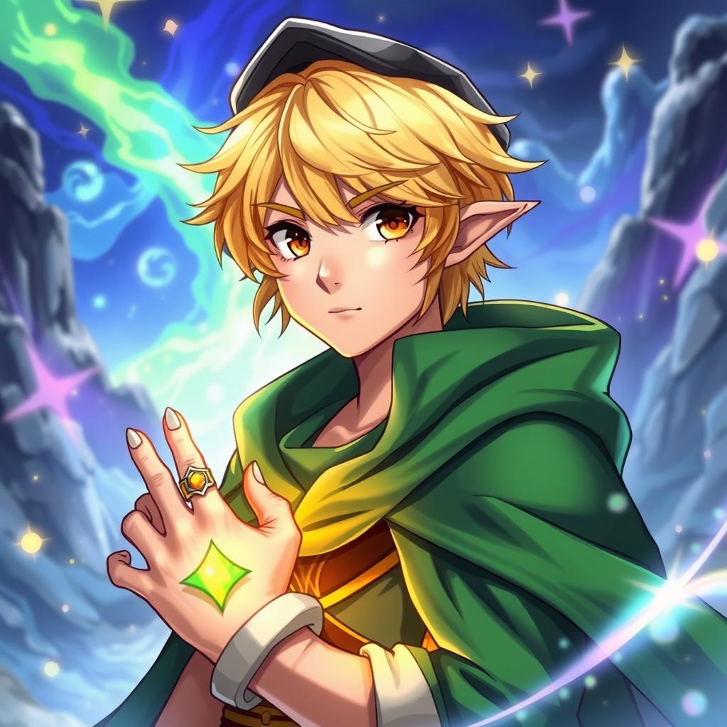 A 25-year-old male human mage with short blonde hair and expressive brown eyes, donning a flowing green cape that signifies his magical prowess