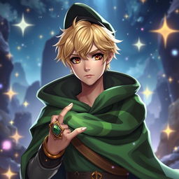 A 25-year-old male human mage with short blonde hair and expressive brown eyes, donning a flowing green cape that signifies his magical prowess