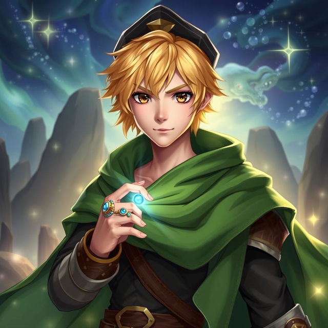 A 25-year-old male human mage with short blonde hair and expressive brown eyes, donning a flowing green cape that signifies his magical prowess