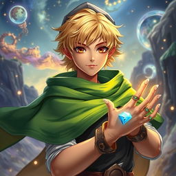 A 25-year-old male human mage with short blonde hair and expressive brown eyes, donning a flowing green cape that signifies his magical prowess