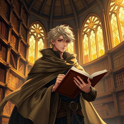 A 25-year-old male human mage with short blonde hair and captivating brown eyes, dressed in an elegant cape that flows gracefully around him