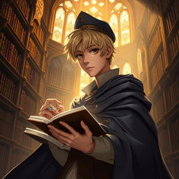 A 25-year-old male human mage with short blonde hair and captivating brown eyes, dressed in an elegant cape that flows gracefully around him