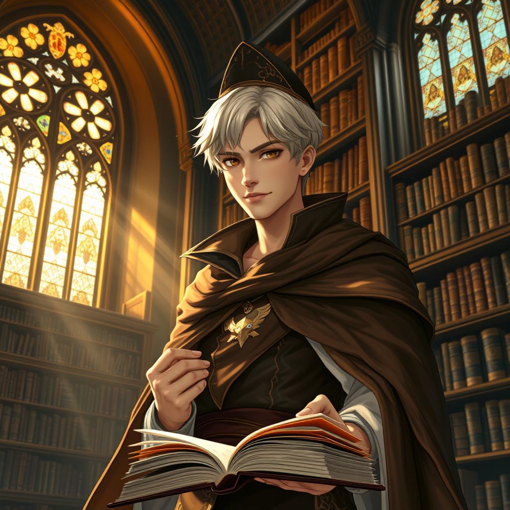 A 25-year-old male human mage with short blonde hair and captivating brown eyes, dressed in an elegant cape that flows gracefully around him