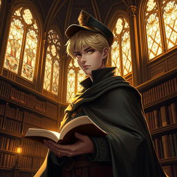 A 25-year-old male human mage with short blonde hair and captivating brown eyes, dressed in an elegant cape that flows gracefully around him