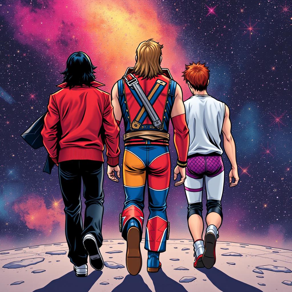 Three characters in comic art style depicted from behind: a thriller Michael Jackson in his iconic red jacket and black pants, the WWF Ultimate Warrior in his colorful wrestling attire, and a young man with copper hair