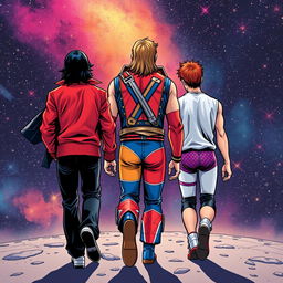 Three characters in comic art style depicted from behind: a thriller Michael Jackson in his iconic red jacket and black pants, the WWF Ultimate Warrior in his colorful wrestling attire, and a young man with copper hair