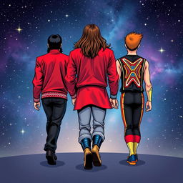 Three characters in comic art style depicted from behind: a thriller Michael Jackson in his iconic red jacket and black pants, the WWF Ultimate Warrior in his colorful wrestling attire, and a young man with copper hair