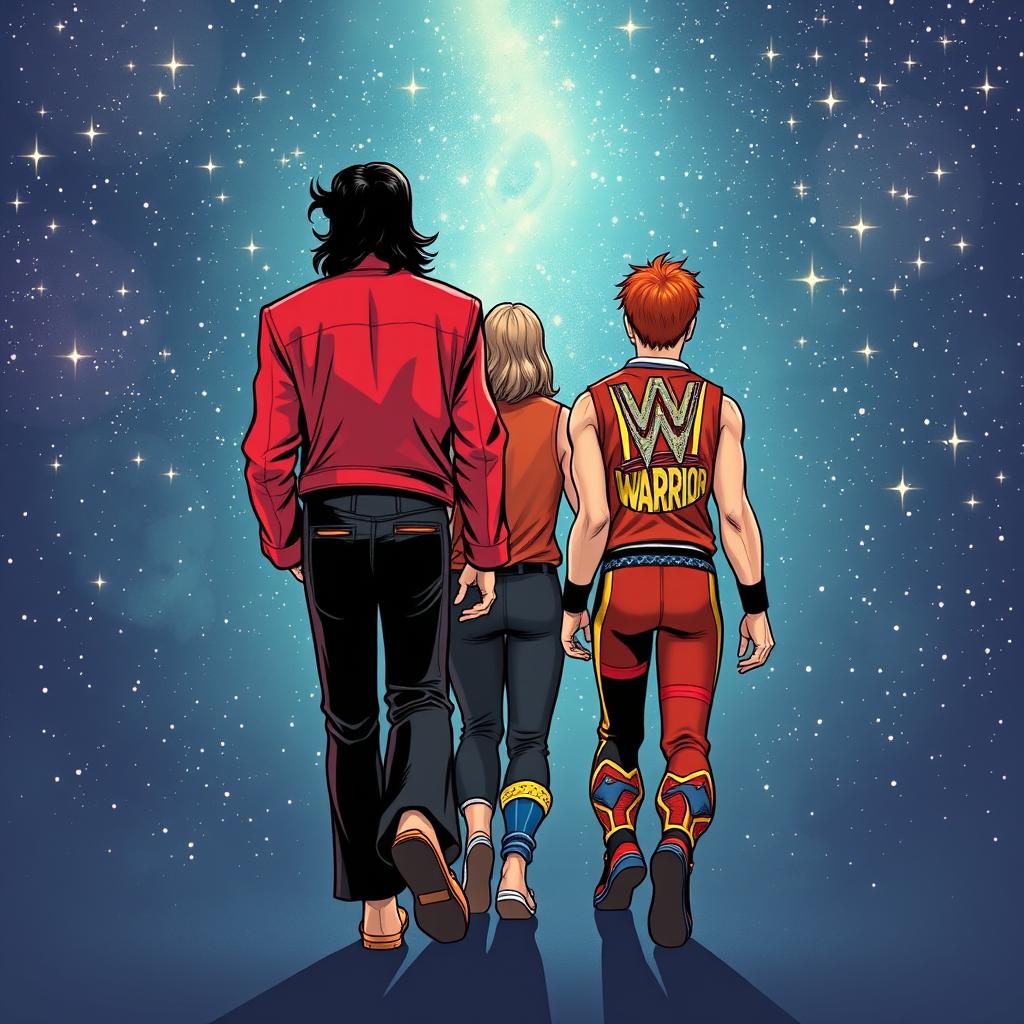 Three characters in comic art style depicted from behind: a thriller Michael Jackson in his iconic red jacket and black pants, the WWF Ultimate Warrior in his colorful wrestling attire, and a young man with copper hair