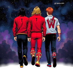 Three characters in comic art style depicted from behind: a thriller Michael Jackson in his iconic red jacket and black pants, the WWF Ultimate Warrior in his colorful wrestling attire, and a young man with copper hair