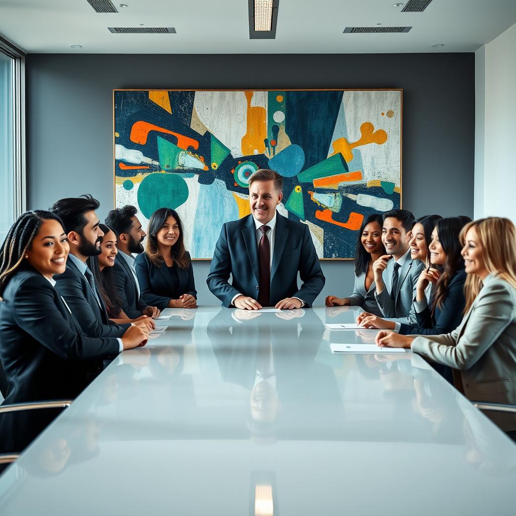 A stunningly detailed and high-quality image of a group of professionals gathered around a sleek, modern conference table