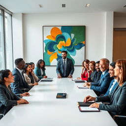 A stunningly detailed and high-quality image of a group of professionals gathered around a sleek, modern conference table