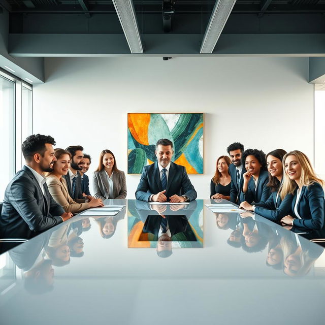 A stunningly detailed and high-quality image of a group of professionals gathered around a sleek, modern conference table