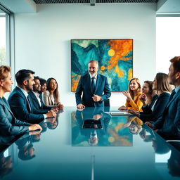 A stunningly detailed and high-quality image of a group of professionals gathered around a sleek, modern conference table