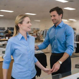 A woman salesperson in a store selling a blue shirt to a gentleman