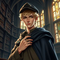 A 25-year-old male human mage with short blonde hair and deep brown eyes stands confidently in a grand library