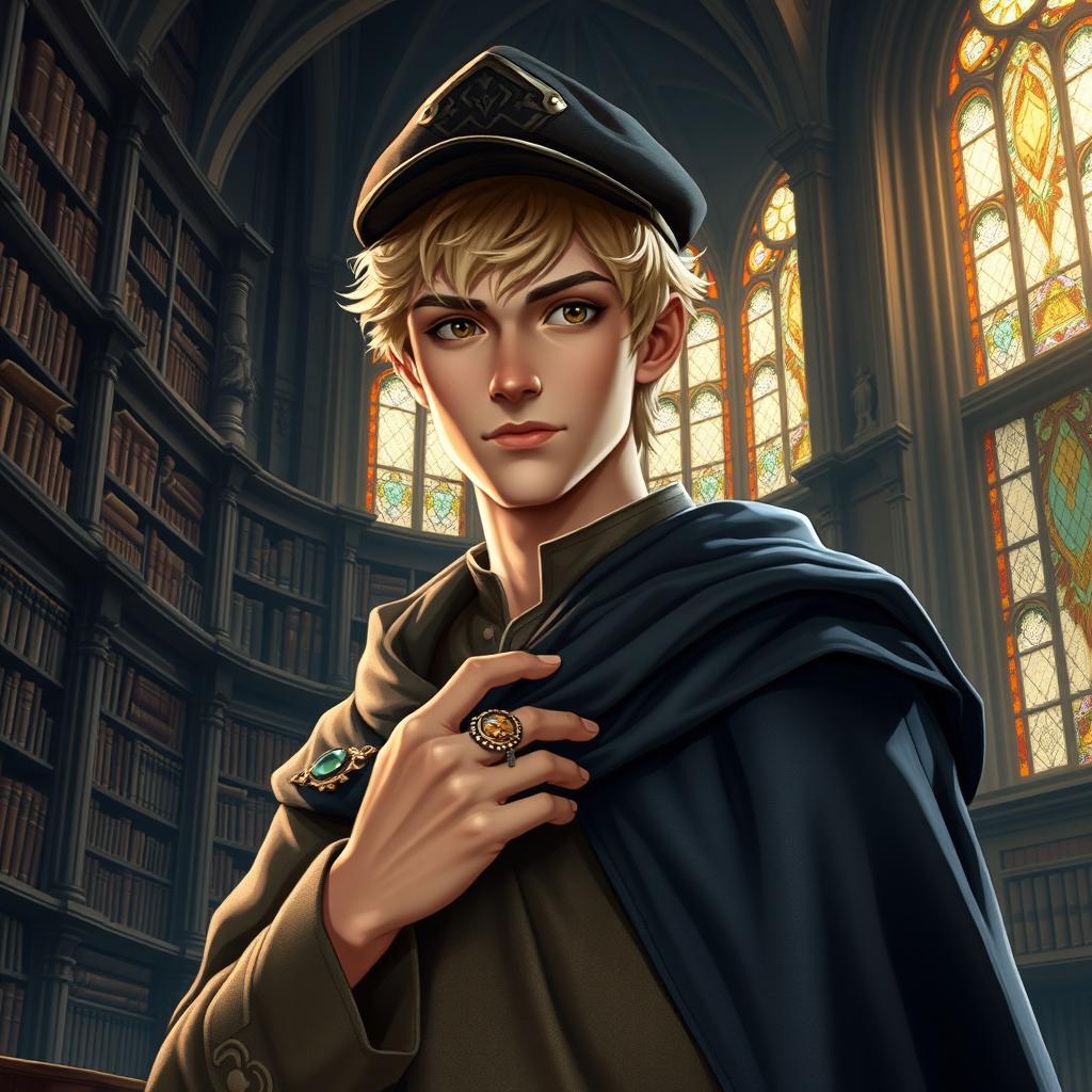 A 25-year-old male human mage with short blonde hair and deep brown eyes stands confidently in a grand library