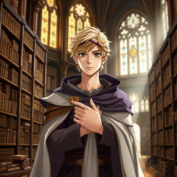 A 25-year-old male human mage with short blonde hair and deep brown eyes stands confidently in a grand library