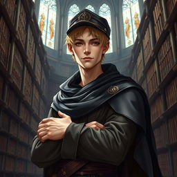 A 25-year-old male human mage with short blonde hair and deep brown eyes stands confidently in a grand library