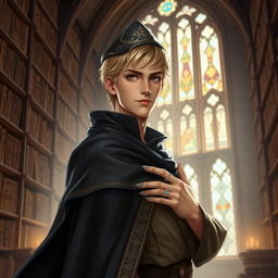 A 25-year-old male human mage with short blonde hair and deep brown eyes stands confidently in a grand library