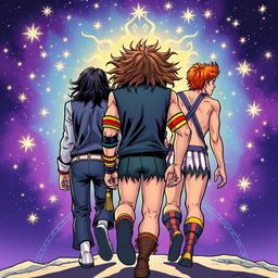 Three characters depicted from behind in a dynamic comic art style: a thriller-themed Michael Jackson, featuring his iconic attire and hairstyle, alongside the Ultimate Warrior with wild brown hair, colorful arm tassels, and trunks