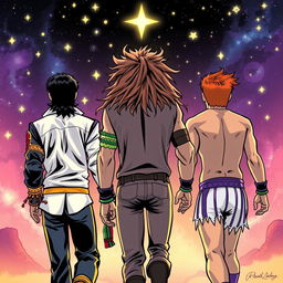 Three characters depicted from behind in a dynamic comic art style: a thriller-themed Michael Jackson, featuring his iconic attire and hairstyle, alongside the Ultimate Warrior with wild brown hair, colorful arm tassels, and trunks