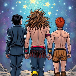 Three characters depicted from behind in a dynamic comic art style: a thriller-themed Michael Jackson, featuring his iconic attire and hairstyle, alongside the Ultimate Warrior with wild brown hair, colorful arm tassels, and trunks