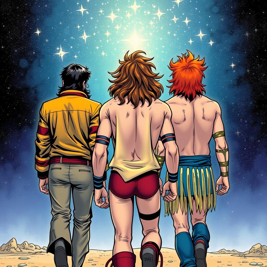 Three characters depicted from behind in a dynamic comic art style: a thriller-themed Michael Jackson, featuring his iconic attire and hairstyle, alongside the Ultimate Warrior with wild brown hair, colorful arm tassels, and trunks