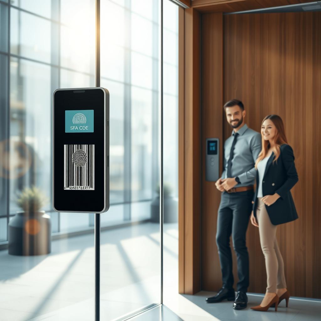 A modern and sleek door entrance featuring a high-tech bar code scanner and a fingerprint sensor prominently displayed