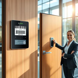 A modern and sleek door entrance featuring a high-tech bar code scanner and a fingerprint sensor prominently displayed