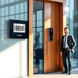 A modern and sleek door entrance featuring a high-tech bar code scanner and a fingerprint sensor prominently displayed