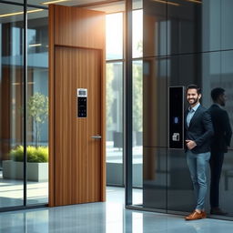 A modern and sleek door entrance featuring a high-tech bar code scanner and a fingerprint sensor prominently displayed