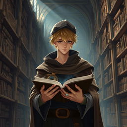 A 25-year-old male human mage with short blonde hair and warm brown eyes stands in an expansive, ancient library