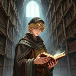 A 25-year-old male human mage with short blonde hair and warm brown eyes stands in an expansive, ancient library