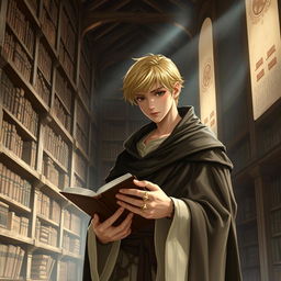 A 25-year-old male human mage with short blonde hair and warm brown eyes stands in an expansive, ancient library