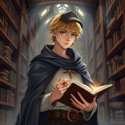 A 25-year-old male human mage with short blonde hair and warm brown eyes stands in an expansive, ancient library