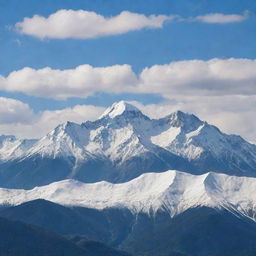 A serene landscape of a beautiful mountain range with snow-capped peaks, under a sky filled with fluffy white clouds.