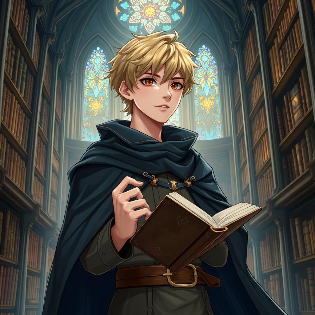 A 25-year-old male human mage with short blonde hair and warm brown eyes stands proudly in an exquisite library