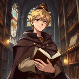 A 25-year-old male human mage with short blonde hair and warm brown eyes stands proudly in an exquisite library