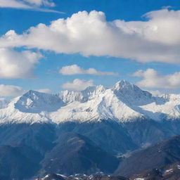 A serene landscape of a beautiful mountain range with snow-capped peaks, under a sky filled with fluffy white clouds.