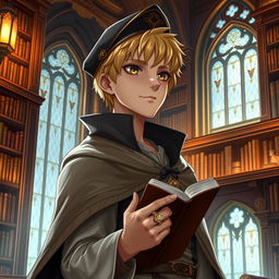 A 25-year-old male human mage with short blonde hair and warm brown eyes stands proudly in an exquisite library