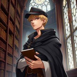 A 25-year-old male human mage with short blonde hair and warm brown eyes stands proudly in an exquisite library